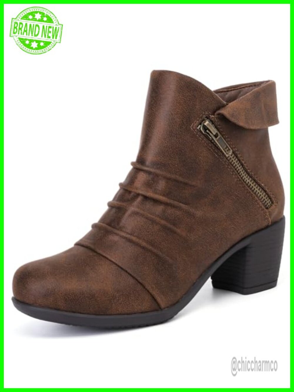 Faux Leather Ankle Boots Heeled Booties Block Heel Microfiber Lug Sole